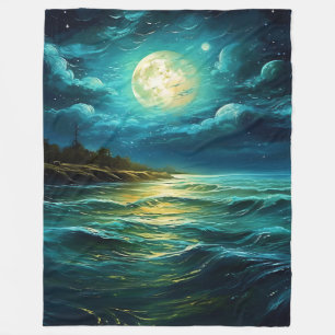 “Moonlit Serenity: Nighttime Seascape” Fleece Blanket