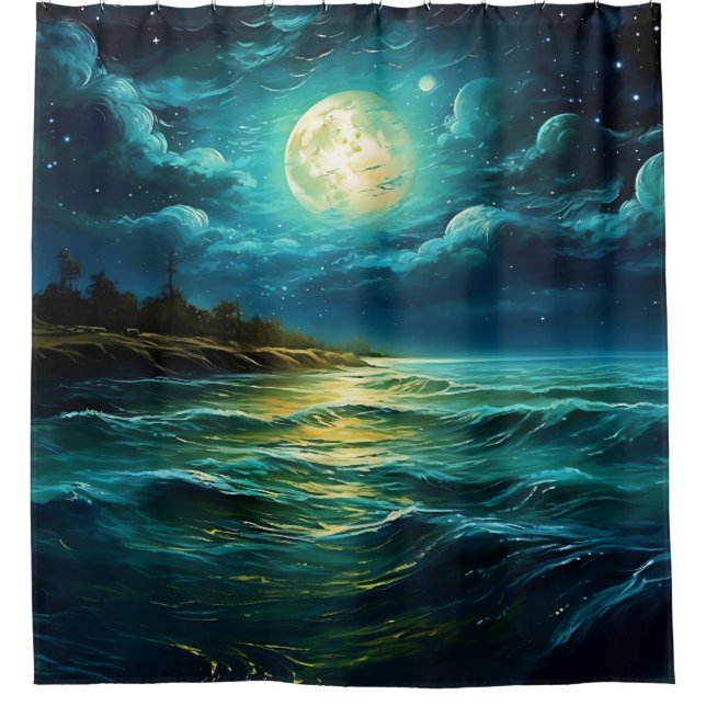 “Moonlit Serenity: Nighttime Seascape” Shower Curtain (Front)