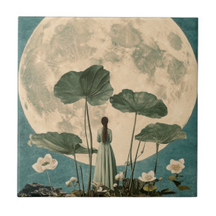 Moonlit Serenity – Vintage Lotus Scene Ceramic Tile