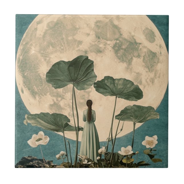 Moonlit Serenity – Vintage Lotus Scene Ceramic Tile (Front)
