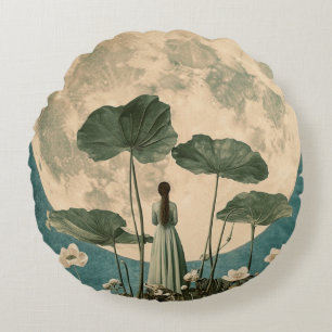 Moonlit Serenity – Vintage Lotus Scene Round Cushion