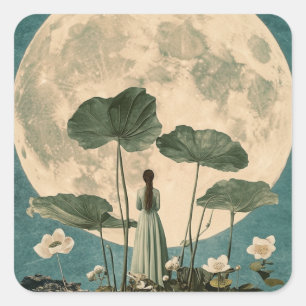 Moonlit Serenity – Vintage Lotus Scene Square Sticker