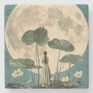 Moonlit Serenity – Vintage Lotus Scene Stone Coaster