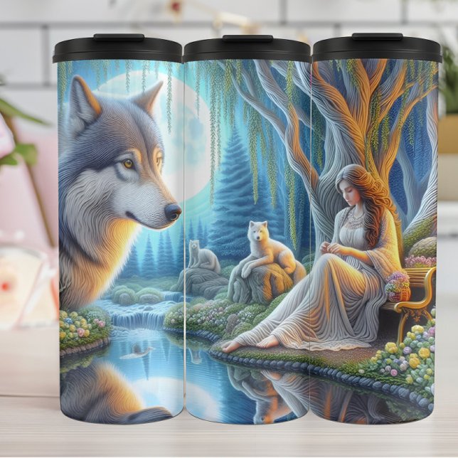 Moonlit Serenity, Woman and Wolf Pack. Thermal Tumbler (Creator Uploaded)