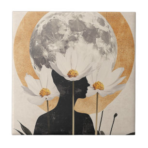 Moonlit Silhouette - Boho Vintage Elegance Ceramic Tile