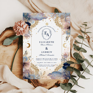 Moonlit Sky and Rose Floral Wedding Invitation