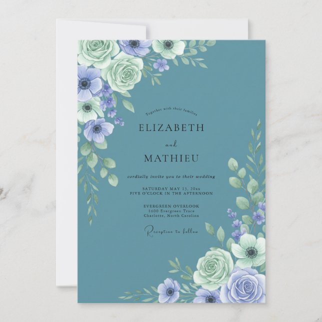 Moonlit Slate Periwinkle Anemone Wedding Invitation (Front)