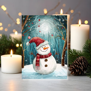Moonlit Snowman Magic in Enchanted Winter Forest  Card