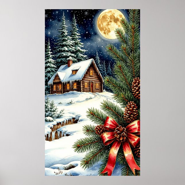🏡 Moonlit Snowy Cabin in Enchanted Winter Forest  Poster (Front)