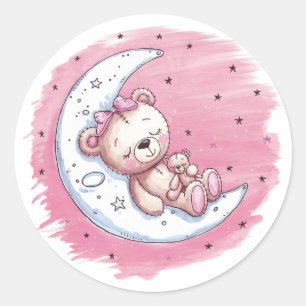 Moonlit Snuggles: A Bear’s Dream Girl Baby Shower Classic Round Sticker