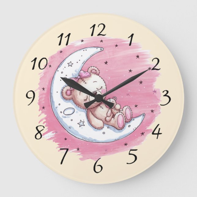 Moonlit Snuggles: A Bear’s Dream Girl Baby Shower Large Clock (Front)