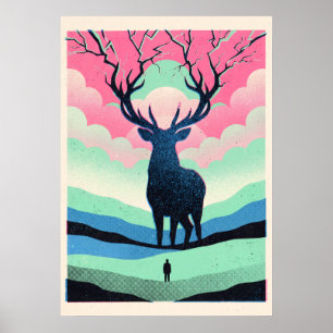 Moonlit Stag and Lone Figure Retro Art Poster