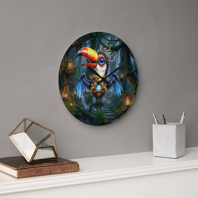 Moonlit Steampunk Toucan.  Large Clock (Office)