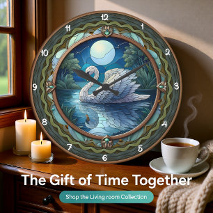 Moonlit Swan Stained Glass Art Large Clock