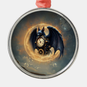 Moonlit Timekeeper – Steampunk Bat Metal Ornament
