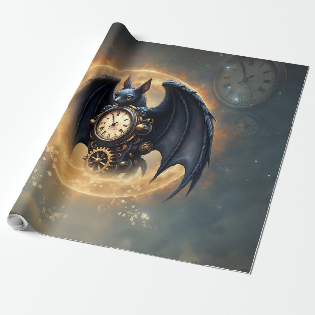 Moonlit Timekeeper – Steampunk Bat  Wrapping Paper (Unrolled)