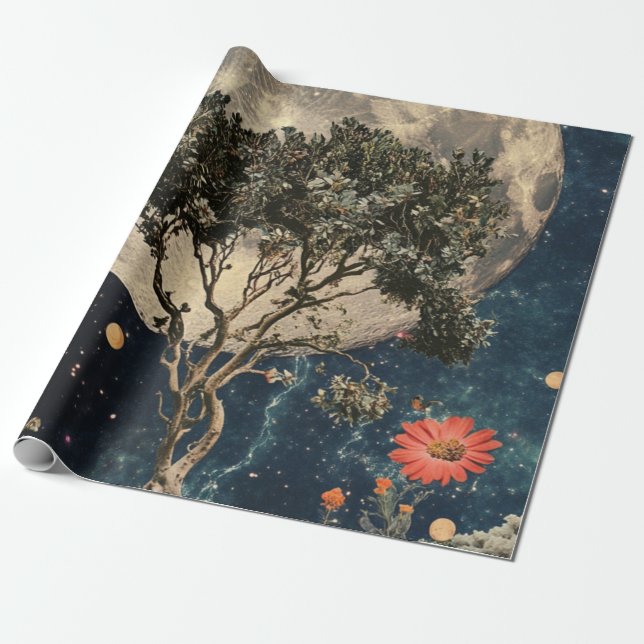 Moonlit Tree & Blossoms Wrapping Paper (Unrolled)