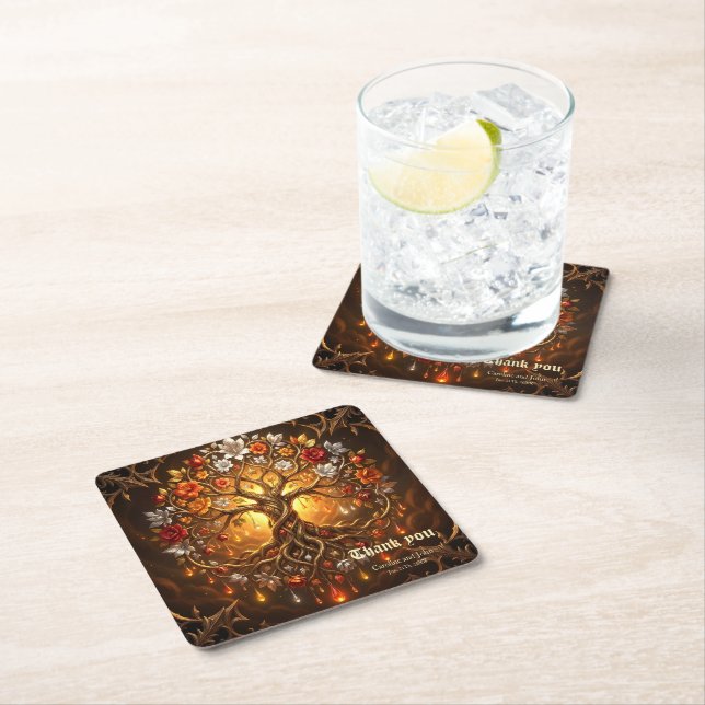 Moonlit Tree of Embered Eternity. Square Paper Coaster (Insitu)