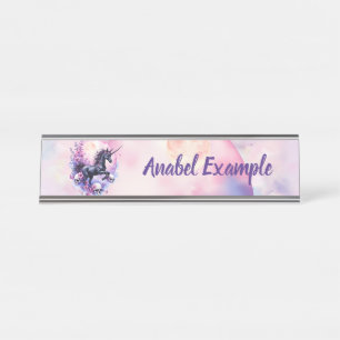 Moonlit Unicorn Among Forgotten Roses Desk Name Plate