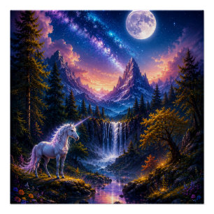 Moonlit Unicorn Fantasy landscape Poster Wall Art