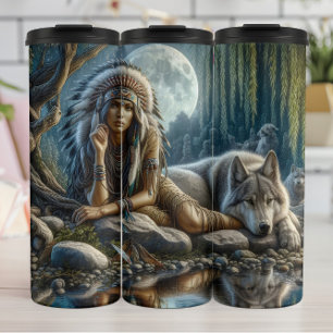 Moonlit Vigil: Woman and Wolf. Thermal Tumbler