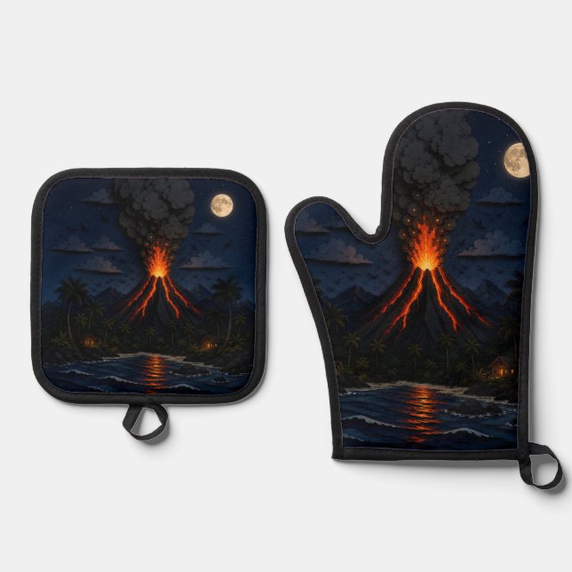 Moonlit Volcano Eruption Oven Mitt & Pot Holder Set (Front)
