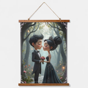 Moonlit Vows – A Cute Gothic Wedding Moment. Hanging Tapestry
