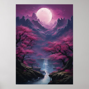 Moonlit Waterfall and Colorful Scenery Poster