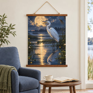 Moonlit White Egret Golden Moon Wetland Hanging Tapestry