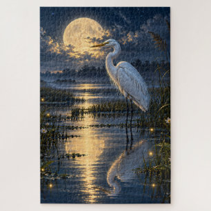 Moonlit White Egret Golden Moon Wetland Jigsaw Puzzle