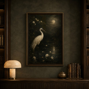 Moonlit White Heron Poster Vintage Bird Art