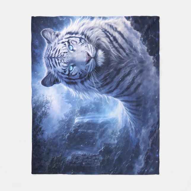 Moonlit White Tiger Guardian – Blue Fantasy Spirit Fleece Blanket (Front)