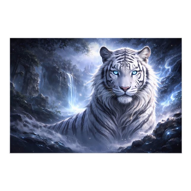 Moonlit White Tiger Guardian – Blue Fantasy Spirit Photo Print (Front)