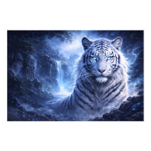 Moonlit White Tiger Guardian – Blue Fantasy Spirit Photo Print