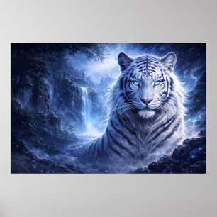 Moonlit White Tiger Guardian – Blue Fantasy Spirit Poster
