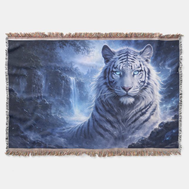 Moonlit White Tiger Guardian – Blue Fantasy Spirit Throw Blanket (Front)