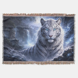 Moonlit White Tiger Guardian – Blue Fantasy Spirit Throw Blanket