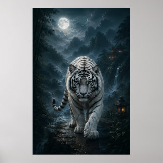 Moonlit White Tiger | Mystical Night Forest Fantas Poster