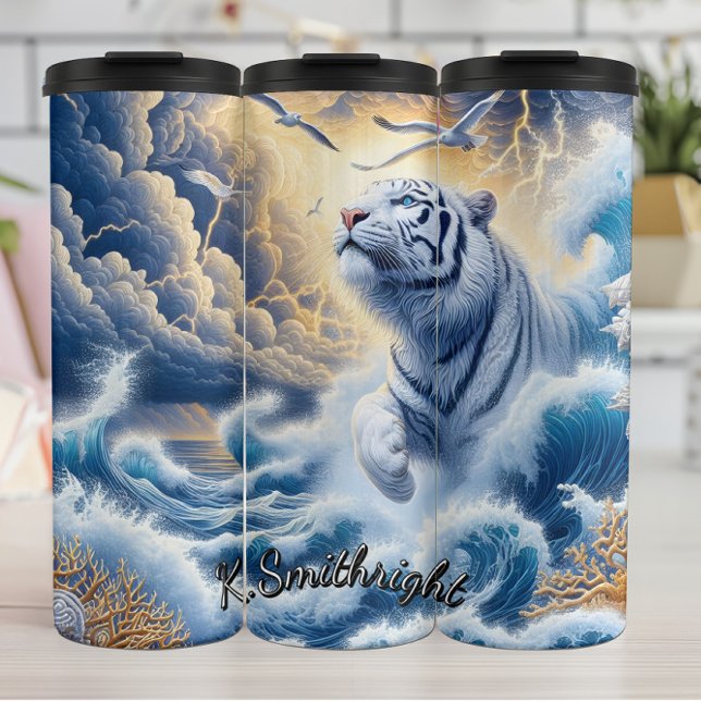 Moonlit White Tiger Reflection Thermal Tumbler (Creator Uploaded)