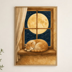 Moonlit Windowsill Cat Watercolour Poster