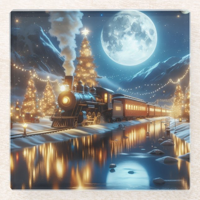 Moonlit Winter Christmas Train Glass Coaster (Front)