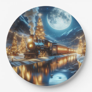 Moonlit Winter Christmas Train Paper Plate