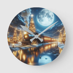 Moonlit Winter Christmas Train Round Clock