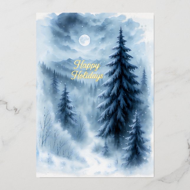 Moonlit Winter Forest Business Cosy Snowy Scene Foil Holiday Card (Front)