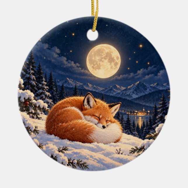 Moonlit Winter Fox Ceramic Circle Ornament (Front)