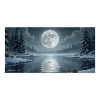 Moonlit Winter Lake – Serene Night Landscape Art Poster
