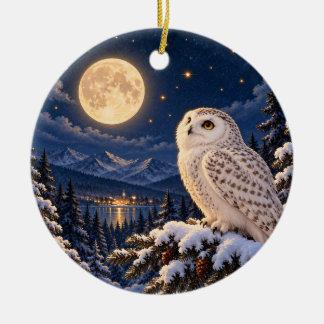 Moonlit Winter Owl Ceramic Circle Ornament