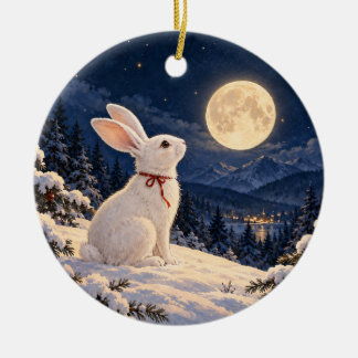 Moonlit Winter Rabbit in a Snowy Forest Ceramic Ornament