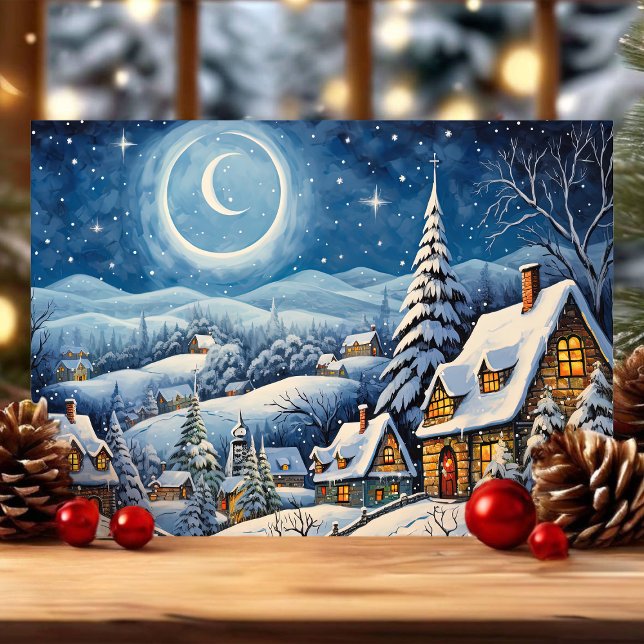 Moonlit Winter Wonderland Snowy Christmas Village Holiday Card (Creator Uploaded)