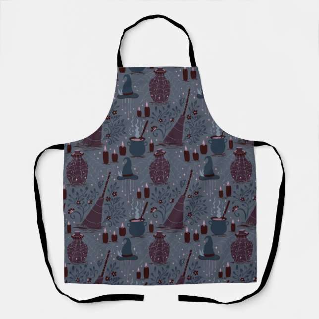 Moonlit Witchy Halloween Pattern Apron (Front)